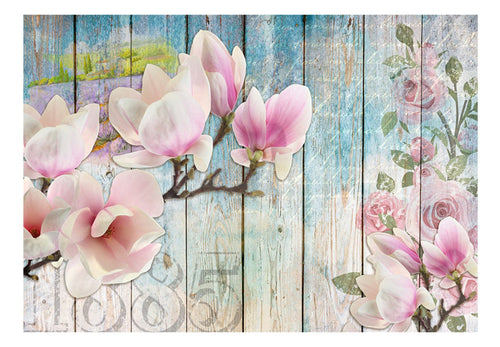 Fototapete - Pink Flowers on Wood - Vliestapete