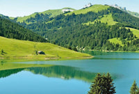 Wizard+Genius Swiss Mountain Lake Launensee Gstaad Vlies Fototapete 384x260cm 8 bahnen | Yourdecoration.de